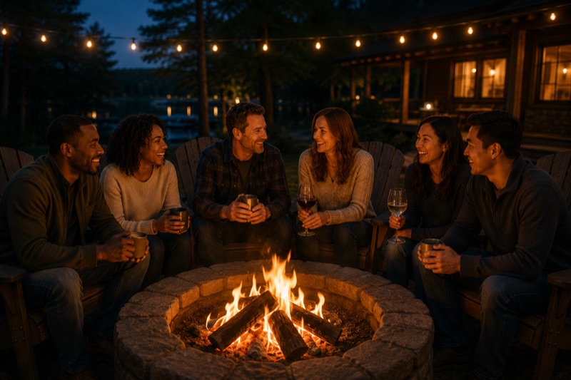 Friends gathered around a campfire at night