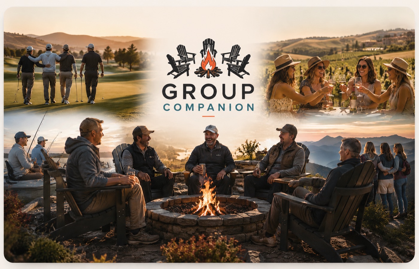 Groups together — a golf trip, a girls weekend, a fishing camp, and friends around the campfire