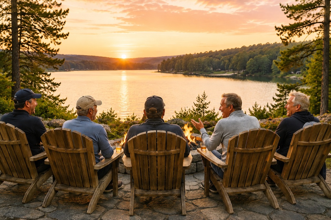 Five longtime friends gathered in Adirondack chairs around a fire pit, watching the sun set over a lake — the golf-trip group, thirty years on.