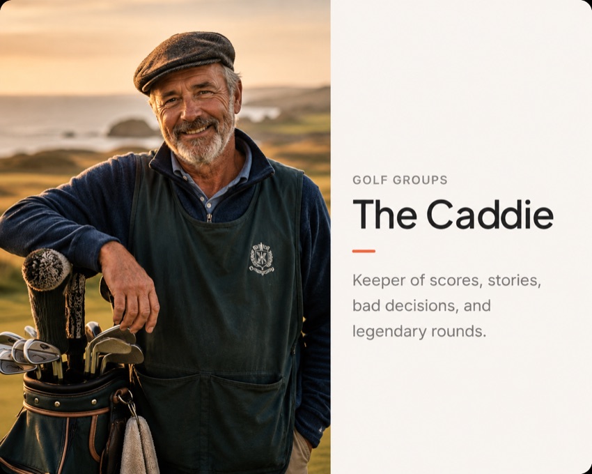 The Caddie — for golf groups. Keeper of scores, stories, bad decisions, and legendary rounds.