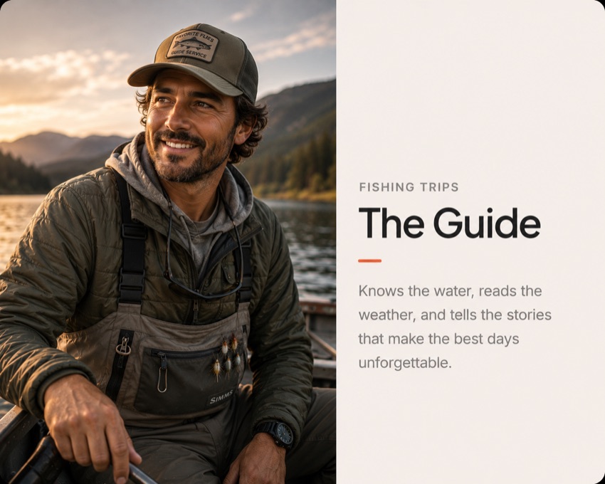 The Guide — for fishing trips. Knows the water, reads the weather, and tells the stories that make the best days unforgettable.